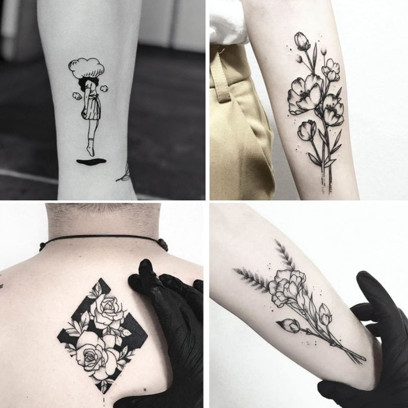 Hot 1PC Popular Ballet Black White Flowers Tattoos Sticker Temporary Drawing Body Art Fake Water Transfer