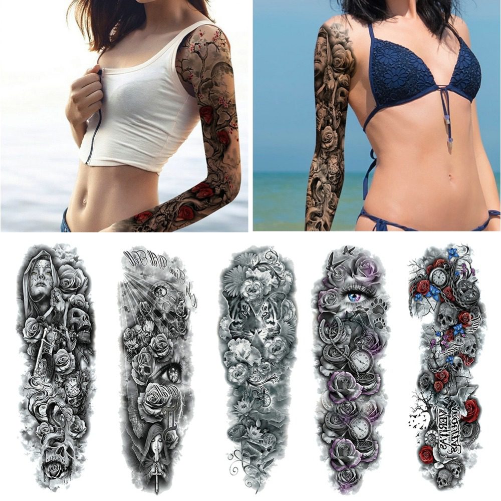 Waterproof Temporary Tattoo Sticker Full Arm Large Skull Old School Tatoo Stickers Flash Fake Tattoos for Men Women #288345