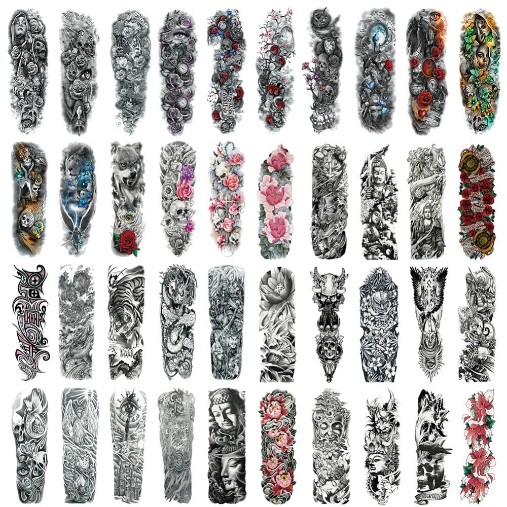 Waterproof Temporary Tattoo Sticker Full Arm Large Skull Old School Tatoo Stickers Flash Fake Tattoos for Men Women #288345