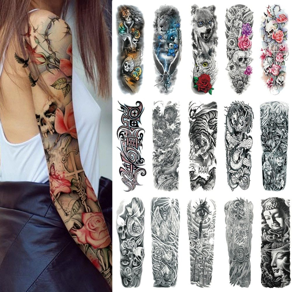 Waterproof Temporary Tattoo Sticker Full Arm Large Skull Old School Tatoo Stickers Flash Fake Tattoos for Men Women #288345