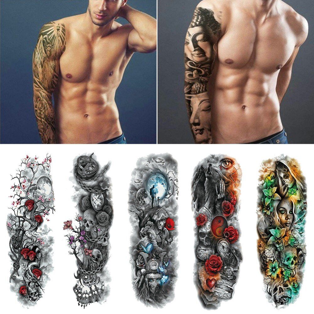 Waterproof Temporary Tattoo Sticker Full Arm Large Skull Old School Tatoo Stickers Flash Fake Tattoos for Men Women #288345