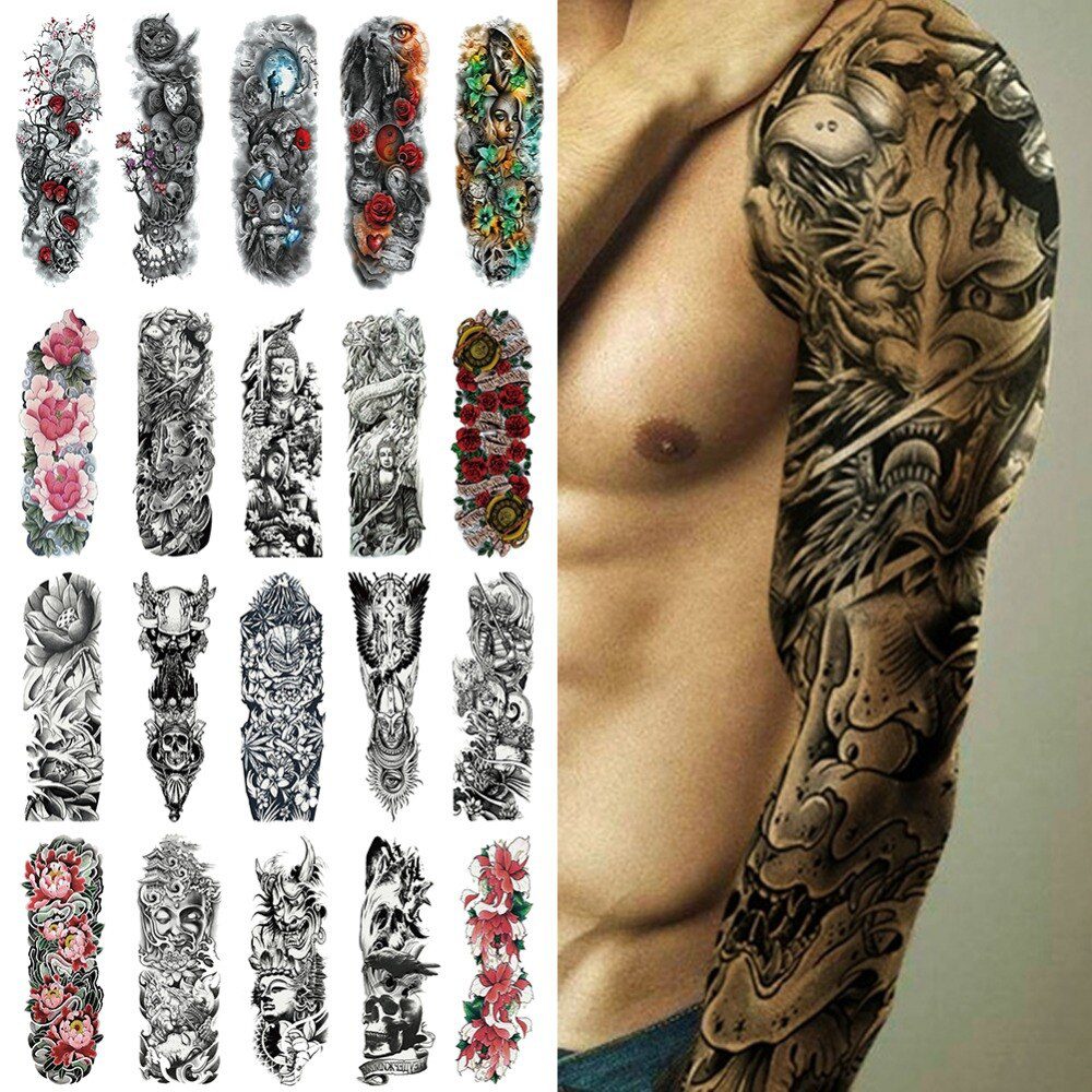 Waterproof Temporary Tattoo Sticker Full Arm Large Skull Old School Tatoo Stickers Flash Fake Tattoos for Men Women #288345