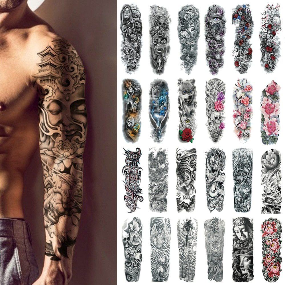 Waterproof Temporary Tattoo Sticker Full Arm Large Skull Old School Tatoo Stickers Flash Fake Tattoos for Men Women #288345