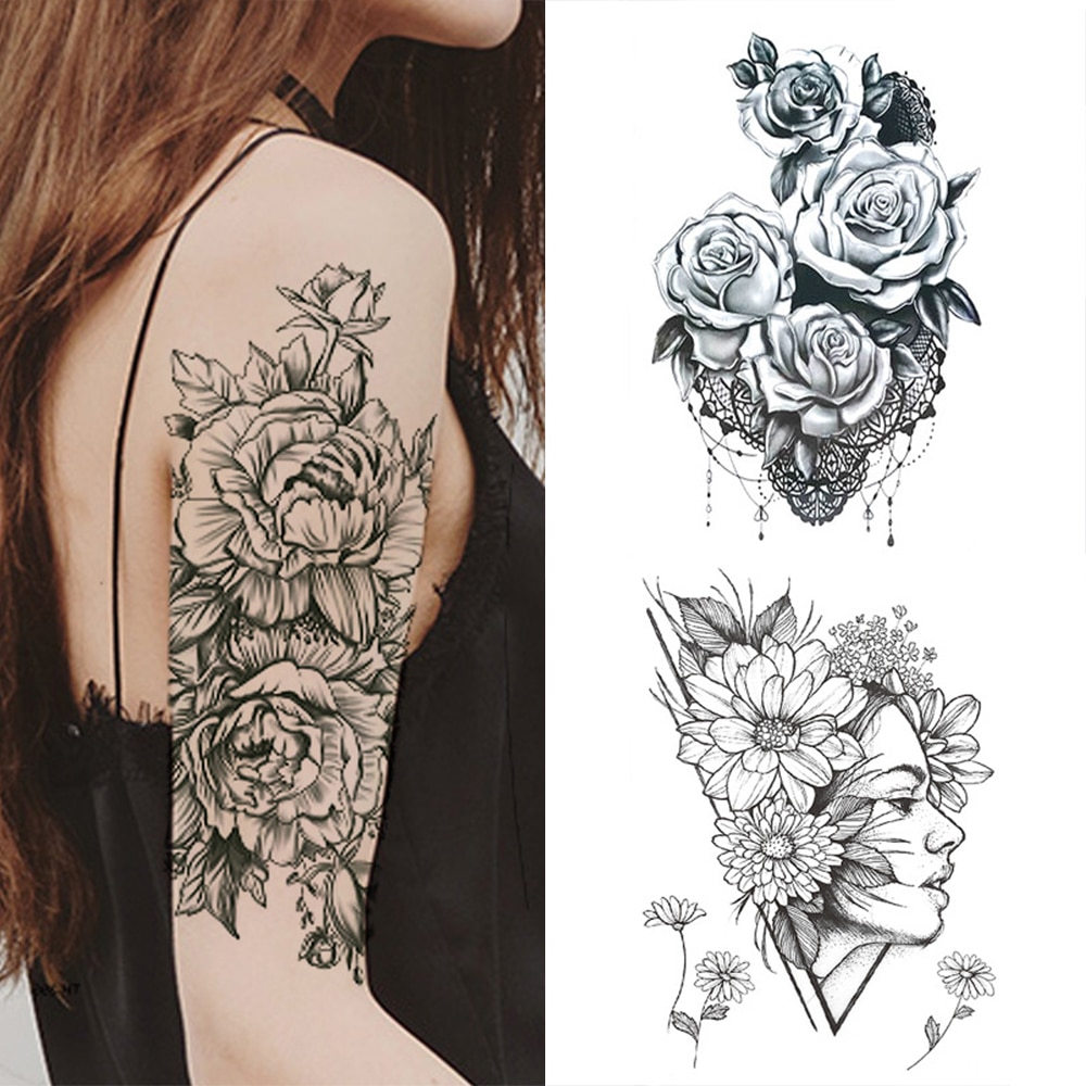 1 PC Fashion Women Girl Temporary Tattoo Sticker Black Roses Design Full Flower Arm Body Art Big Large Fake Tattoo Sticker