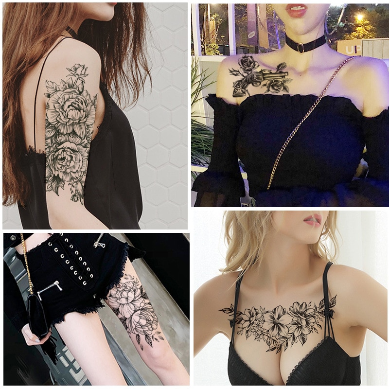 1 PC Fashion Women Girl Temporary Tattoo Sticker Black Roses Design Full Flower Arm Body Art Big Large Fake Tattoo Sticker