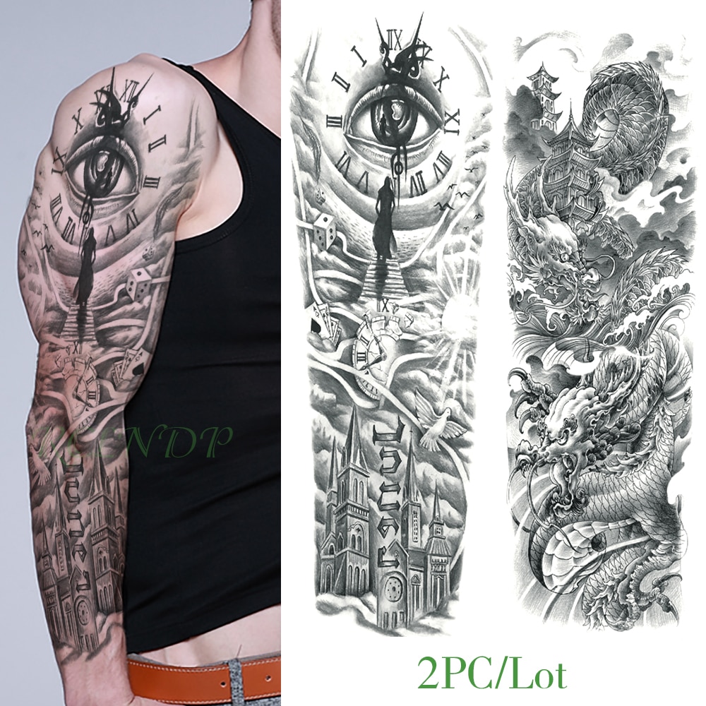 Waterproof Temporary Tattoo Sticker eye clock bird Pagoda full arm large size fake tatto flash tatoo sleeve tato for men women