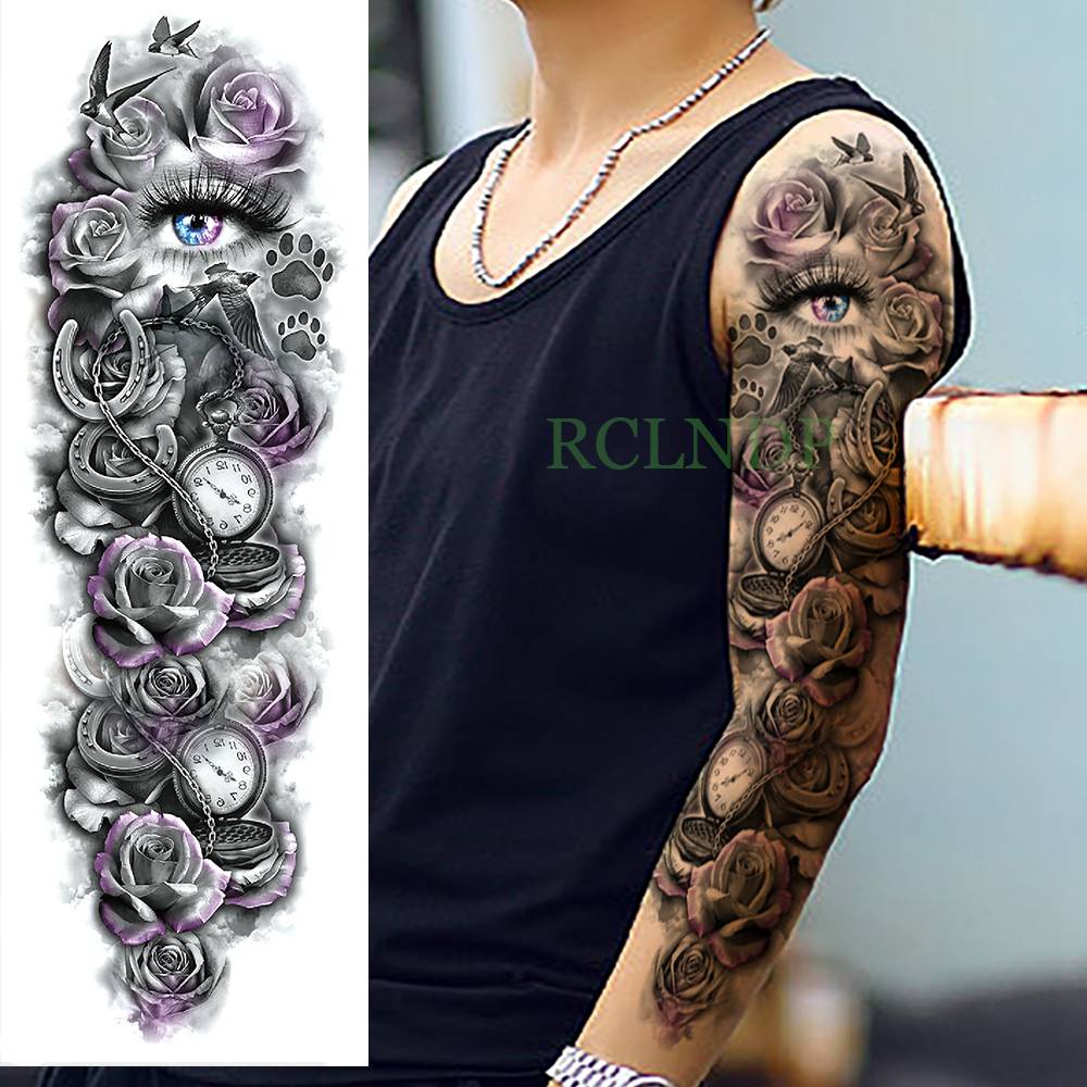 Waterproof Temporary Tattoo Sticker eye clock bird Pagoda full arm large size fake tatto flash tatoo sleeve tato for men women