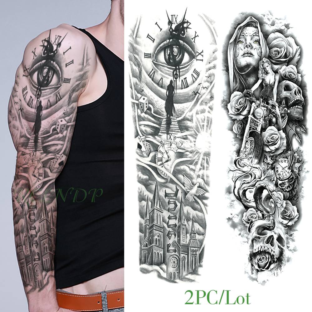 Waterproof Temporary Tattoo Sticker eye clock bird Pagoda full arm large size fake tatto flash tatoo sleeve tato for men women