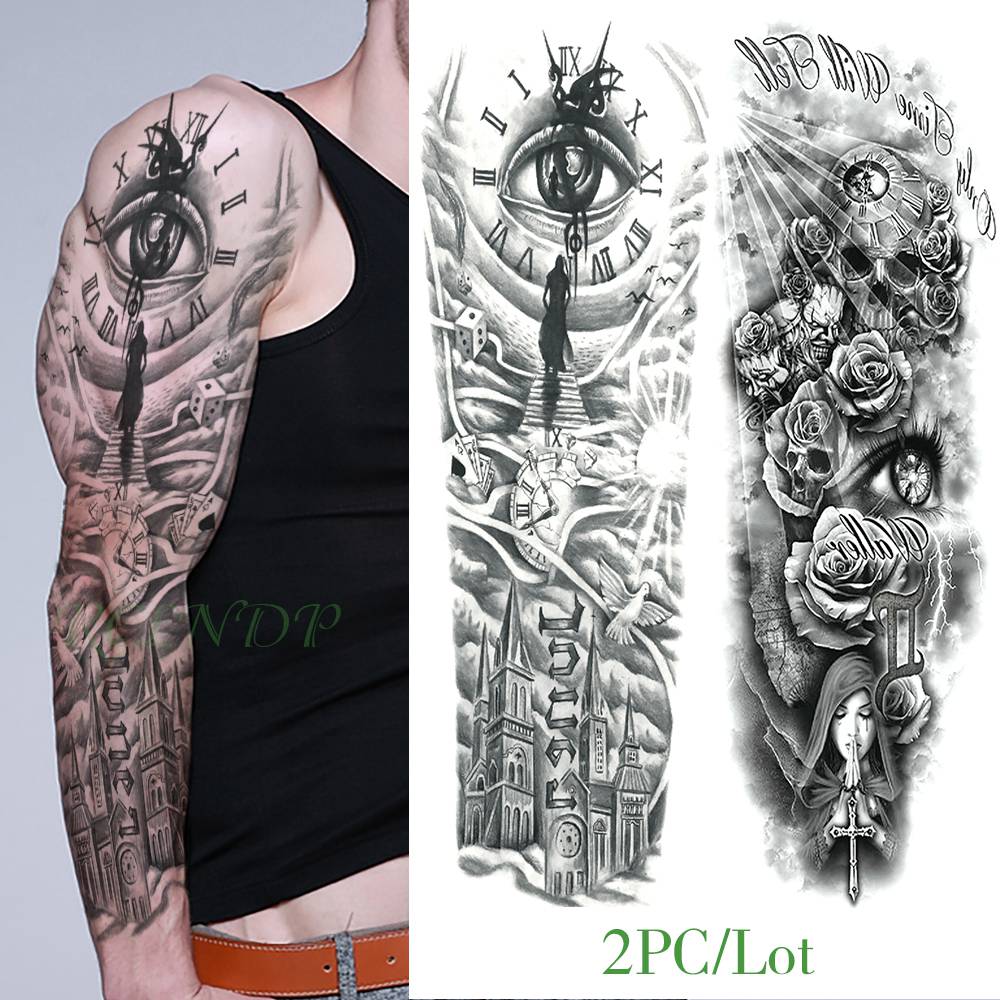 Waterproof Temporary Tattoo Sticker eye clock bird Pagoda full arm large size fake tatto flash tatoo sleeve tato for men women