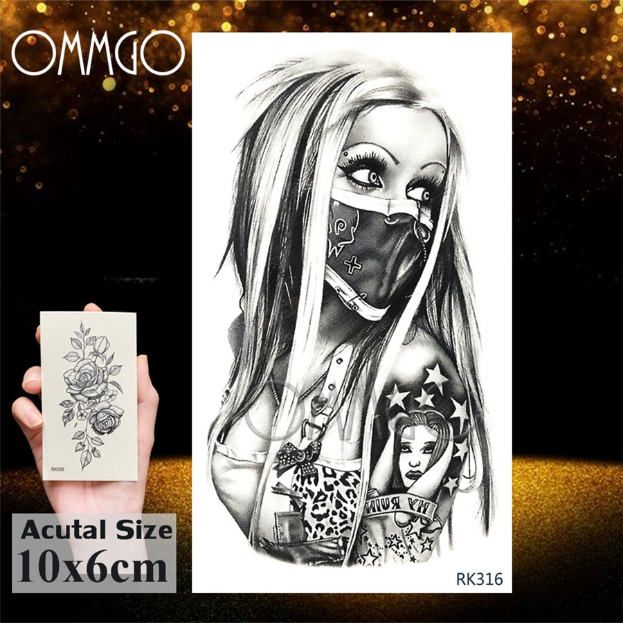 OMMGO 3D Rhombus Triangle Skull Nun Temporary Tattoo Sticker For Men Women Arm Leg Tatoo Paper Waterproof Body Art Black Tattoos