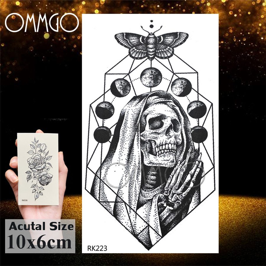 OMMGO 3D Rhombus Triangle Skull Nun Temporary Tattoo Sticker For Men Women Arm Leg Tatoo Paper Waterproof Body Art Black Tattoos