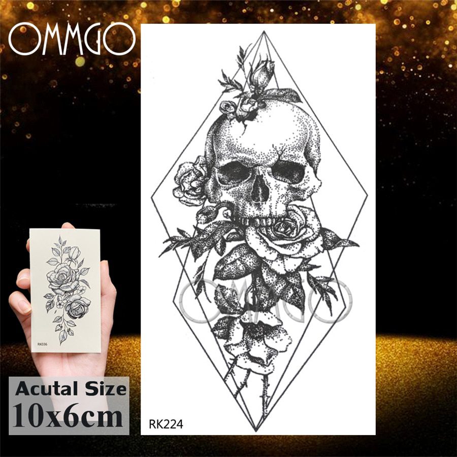 OMMGO 3D Rhombus Triangle Skull Nun Temporary Tattoo Sticker For Men Women Arm Leg Tatoo Paper Waterproof Body Art Black Tattoos