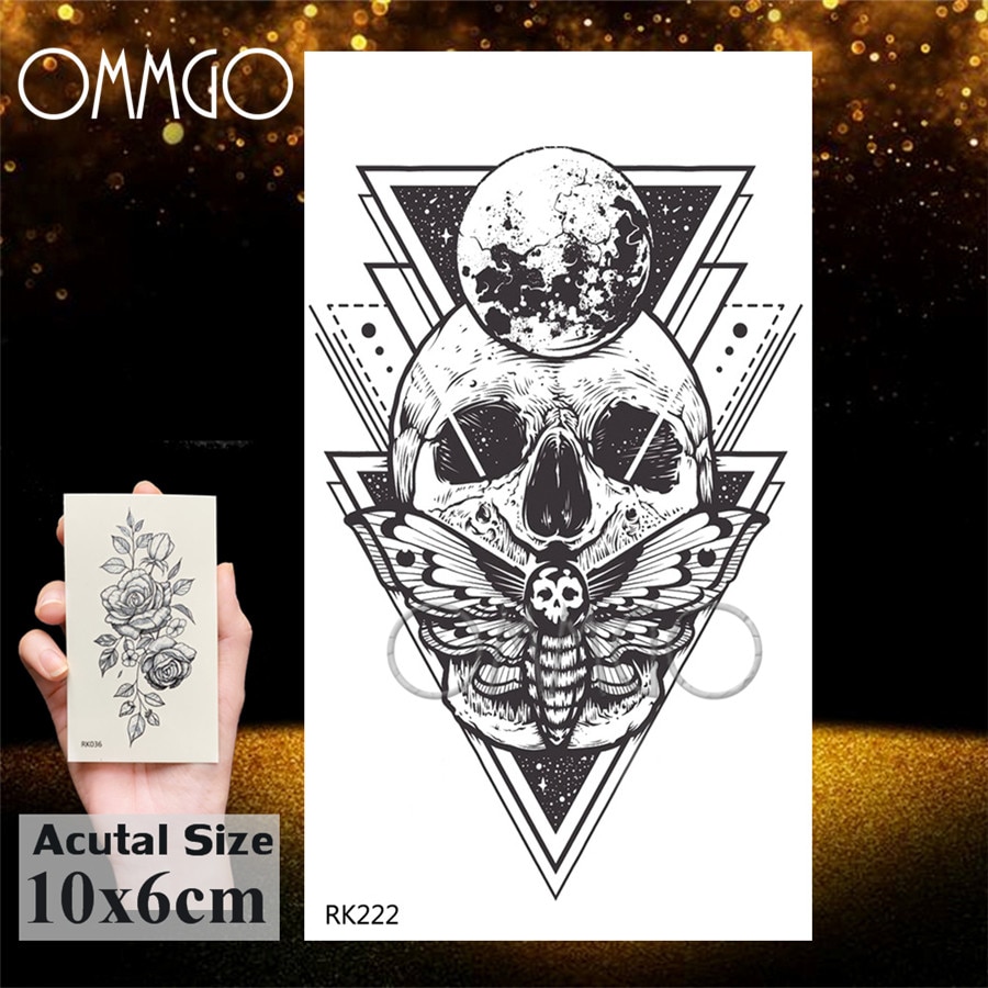 OMMGO 3D Rhombus Triangle Skull Nun Temporary Tattoo Sticker For Men Women Arm Leg Tatoo Paper Waterproof Body Art Black Tattoos