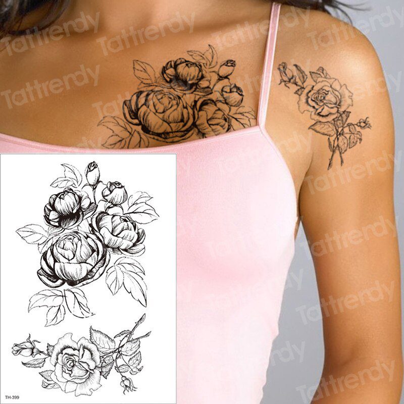 temporary tattoo black flower tattoo sleeves water transfer tatoo sticker peony rose tattoos body art sexy tatoo girl arm tatto