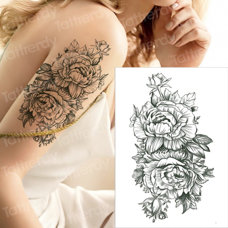 temporary tattoo black flower tattoo sleeves water transfer tatoo sticker peony rose tattoos body art sexy tatoo girl arm tatto