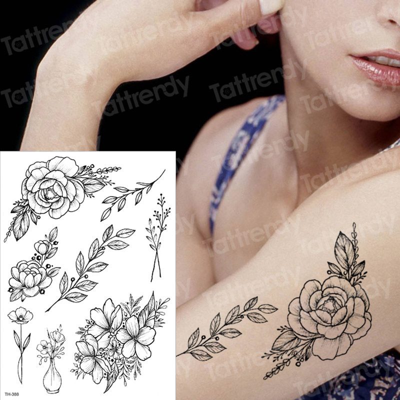 temporary tattoo black flower tattoo sleeves water transfer tatoo sticker peony rose tattoos body art sexy tatoo girl arm tatto