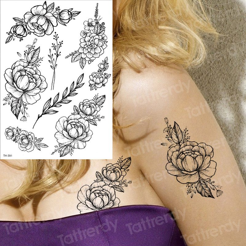 temporary tattoo black flower tattoo sleeves water transfer tatoo sticker peony rose tattoos body art sexy tatoo girl arm tatto