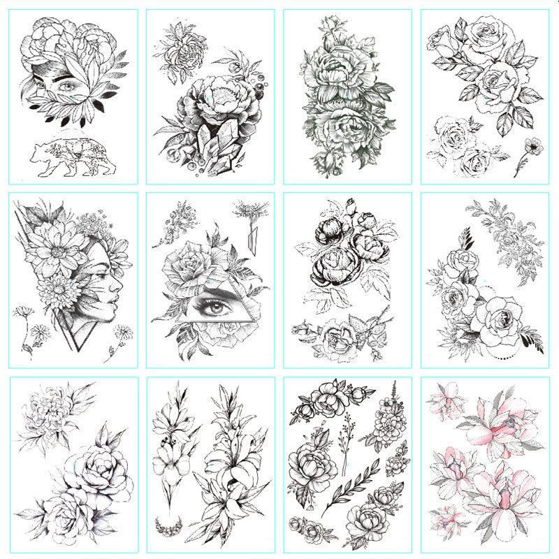 Fashion Black White Flower Tattoo Sticker Women Body Art Peony Rose Waterproof Water Transfer Temporary Tattoo