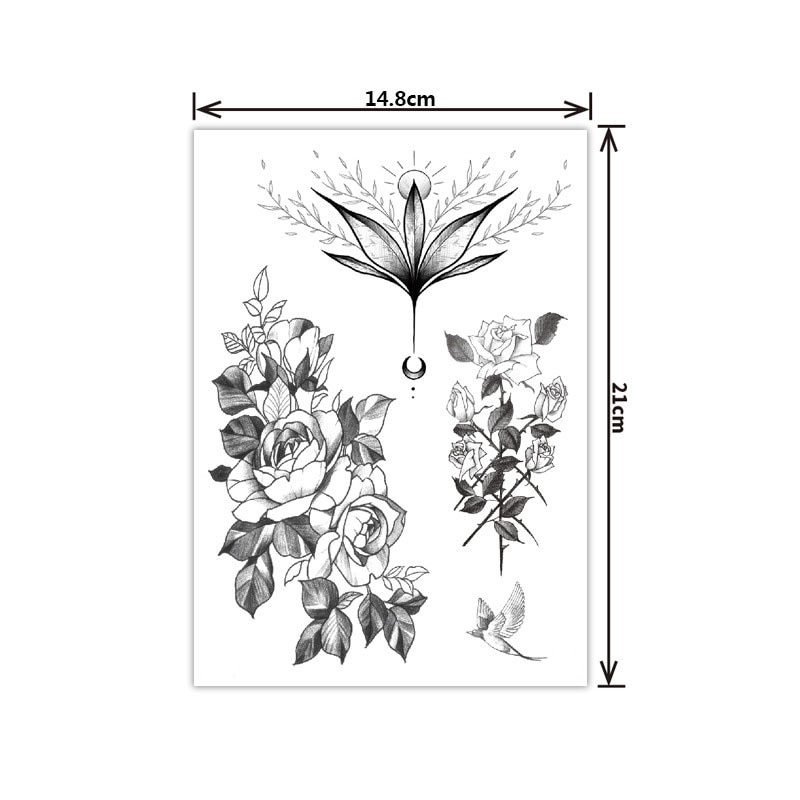 Fashion Black White Flower Tattoo Sticker Women Body Art Peony Rose Waterproof Water Transfer Temporary Tattoo