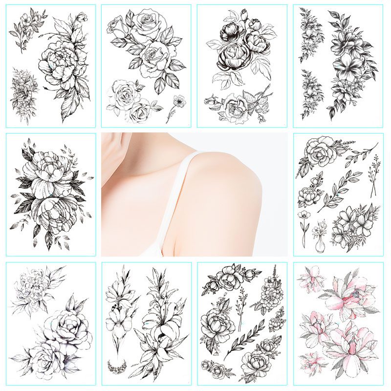 Fashion Black White Flower Tattoo Sticker Women Body Art Peony Rose Waterproof Water Transfer Temporary Tattoo