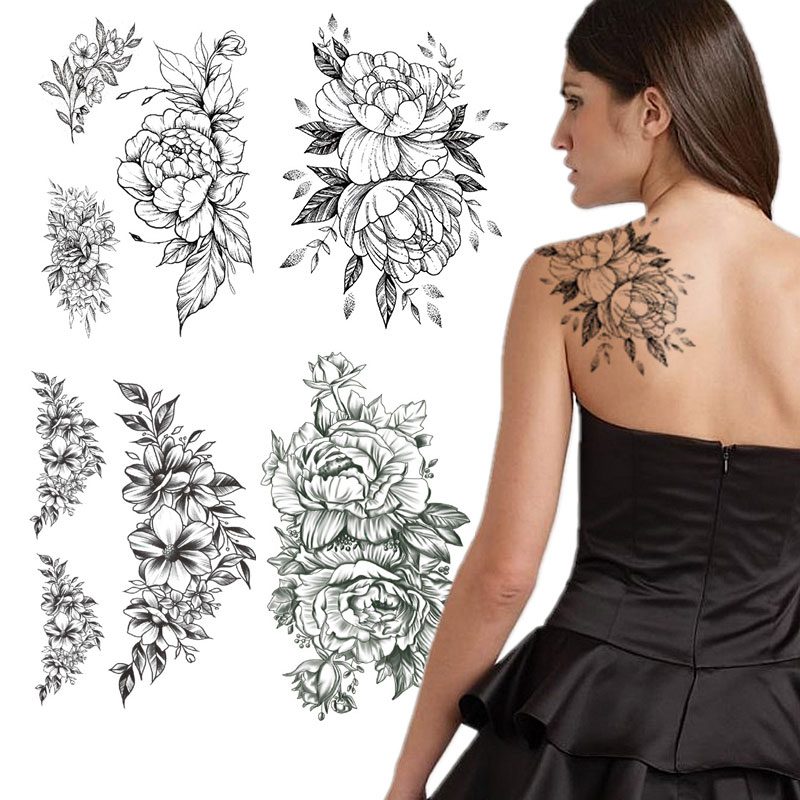 Fashion Black White Flower Tattoo Sticker Women Body Art Peony Rose Waterproof Water Transfer Temporary Tattoo