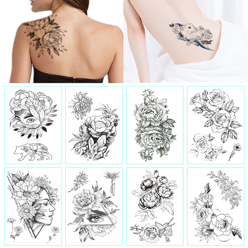 Fashion Black White Flower Tattoo Sticker Women Body Art Peony Rose Waterproof Water Transfer Temporary Tattoo