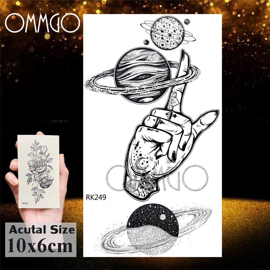 OMMGO Outspace Women Planet Brain Temporary Tattoo Sticker Waterproof Black Geometric Mountain Tatoos Body Art Fake Tattoo Paper