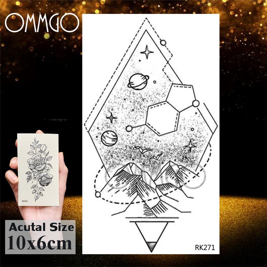 OMMGO Outspace Women Planet Brain Temporary Tattoo Sticker Waterproof Black Geometric Mountain Tatoos Body Art Fake Tattoo Paper