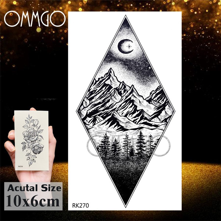 OMMGO Outspace Women Planet Brain Temporary Tattoo Sticker Waterproof Black Geometric Mountain Tatoos Body Art Fake Tattoo Paper