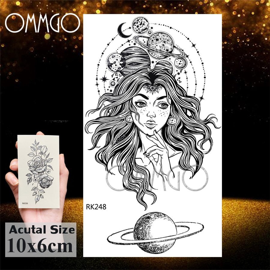 OMMGO Outspace Women Planet Brain Temporary Tattoo Sticker Waterproof Black Geometric Mountain Tatoos Body Art Fake Tattoo Paper