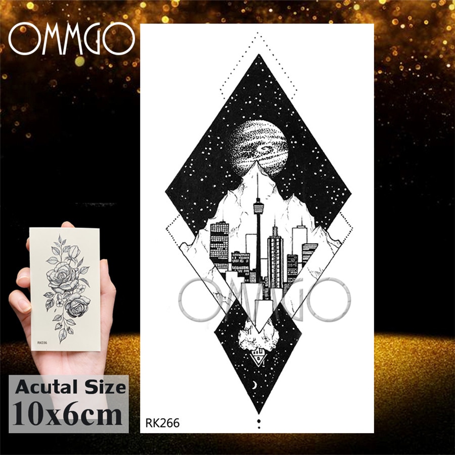 OMMGO Outspace Women Planet Brain Temporary Tattoo Sticker Waterproof Black Geometric Mountain Tatoos Body Art Fake Tattoo Paper