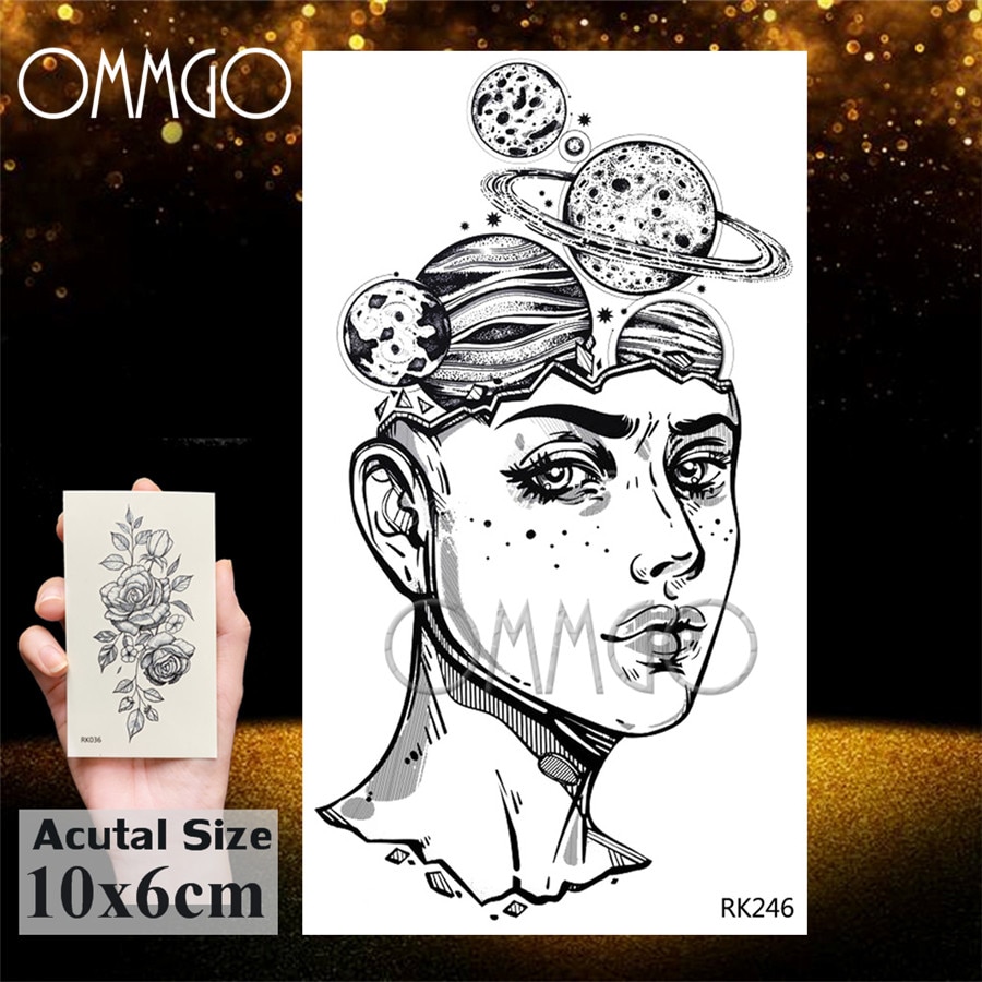 OMMGO Outspace Women Planet Brain Temporary Tattoo Sticker Waterproof Black Geometric Mountain Tatoos Body Art Fake Tattoo Paper