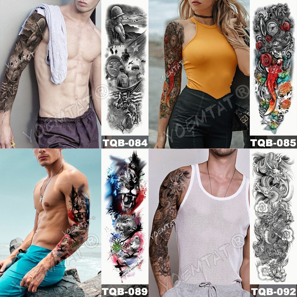 Large Arm Sleeve Tattoo Lion Crown King Rose Waterproof Temporary Tatoo Sticker Wild Wolf Tiger Men Full Skull Totem Tatto