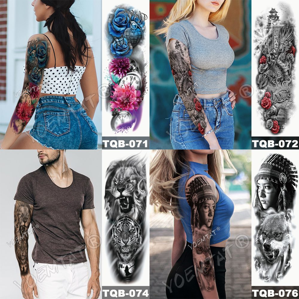 Large Arm Sleeve Tattoo Lion Crown King Rose Waterproof Temporary Tatoo Sticker Wild Wolf Tiger Men Full Skull Totem Tatto