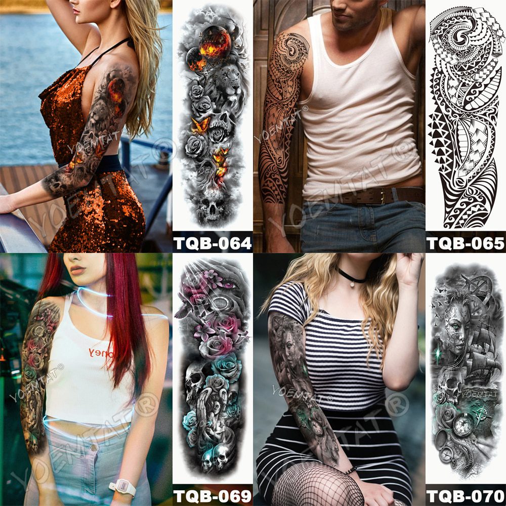 Large Arm Sleeve Tattoo Lion Crown King Rose Waterproof Temporary Tatoo Sticker Wild Wolf Tiger Men Full Skull Totem Tatto