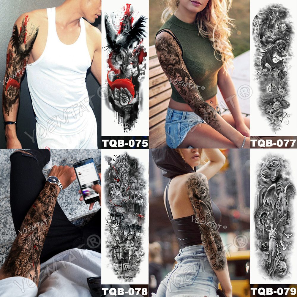 Large Arm Sleeve Tattoo Lion Crown King Rose Waterproof Temporary Tatoo Sticker Wild Wolf Tiger Men Full Skull Totem Tatto