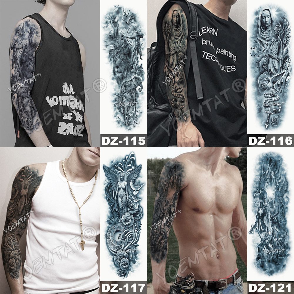 Large Arm Sleeve Tattoo Lion Crown King Rose Waterproof Temporary Tatoo Sticker Wild Wolf Tiger Men Full Skull Totem Tatto