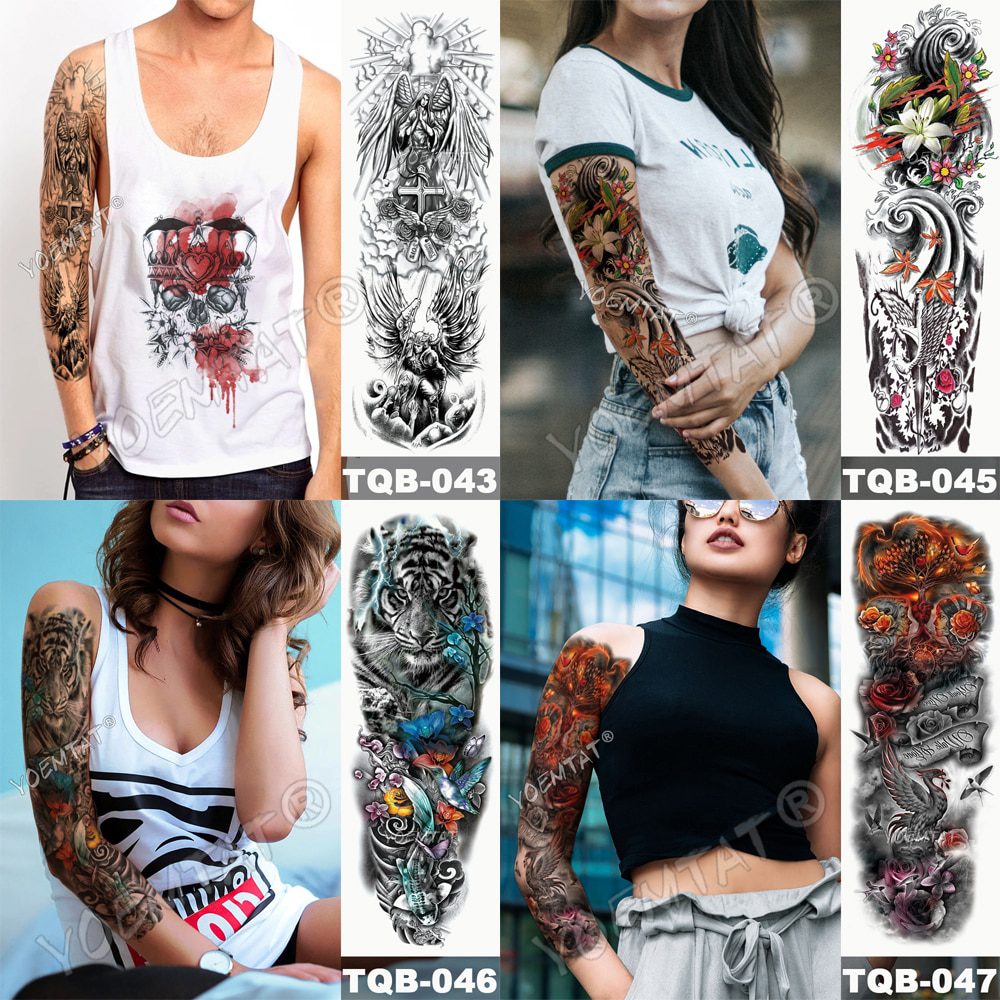 Large Arm Sleeve Tattoo Lion Crown King Rose Waterproof Temporary Tatoo Sticker Wild Wolf Tiger Men Full Skull Totem Tatto