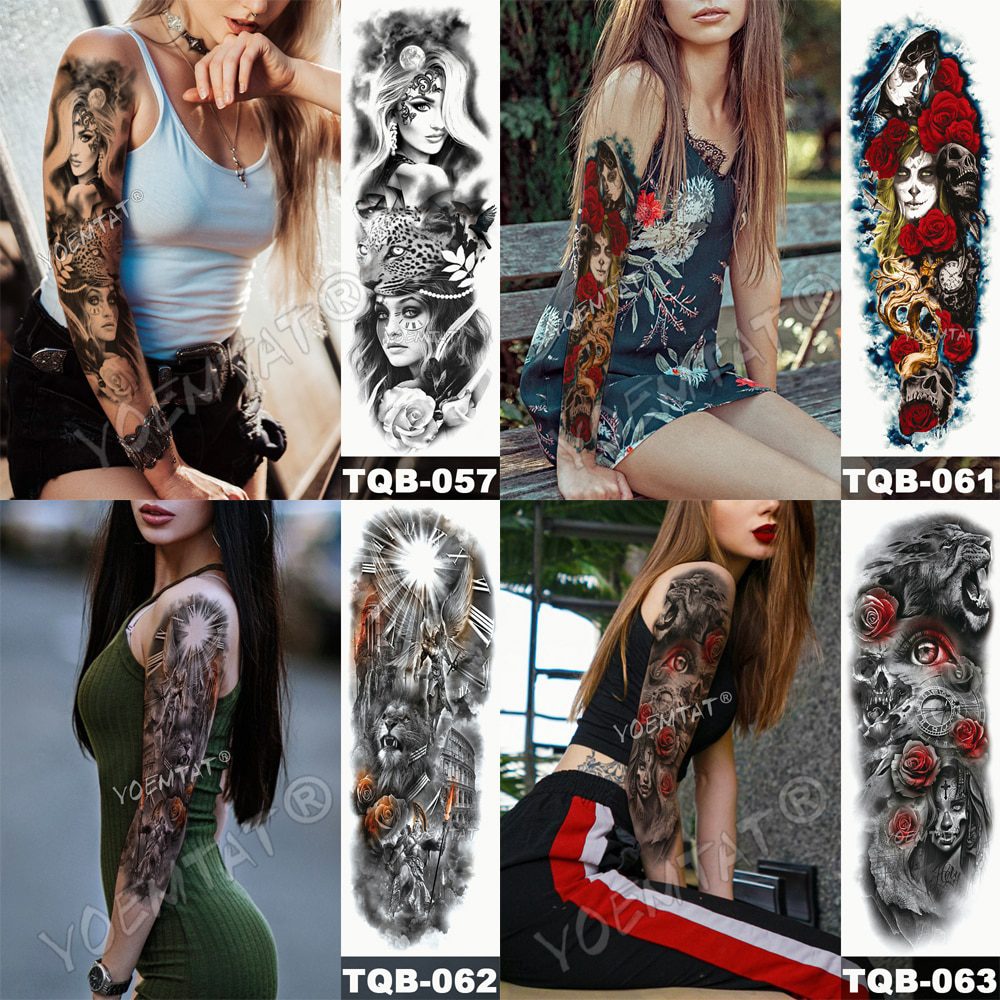 Large Arm Sleeve Tattoo Lion Crown King Rose Waterproof Temporary Tatoo Sticker Wild Wolf Tiger Men Full Skull Totem Tatto