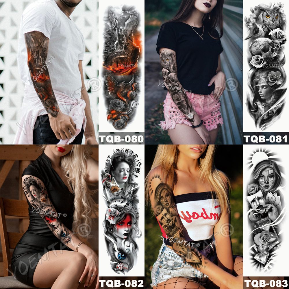 Large Arm Sleeve Tattoo Lion Crown King Rose Waterproof Temporary Tatoo Sticker Wild Wolf Tiger Men Full Skull Totem Tatto