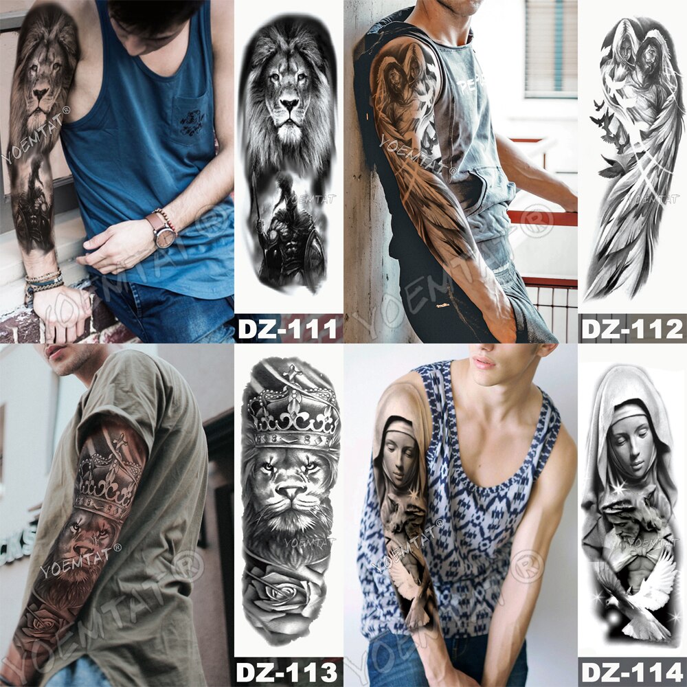 Large Arm Sleeve Tattoo Lion Crown King Rose Waterproof Temporary Tatoo Sticker Wild Wolf Tiger Men Full Skull Totem Tatto