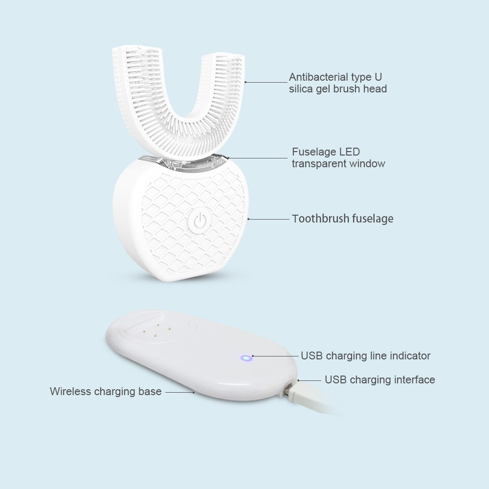 360 Degrees Intelligent Automatic Sonic Electric Toothbrush U Type 4 Modes Tooth Brush USB Charging Tooth Whitening Blue Light