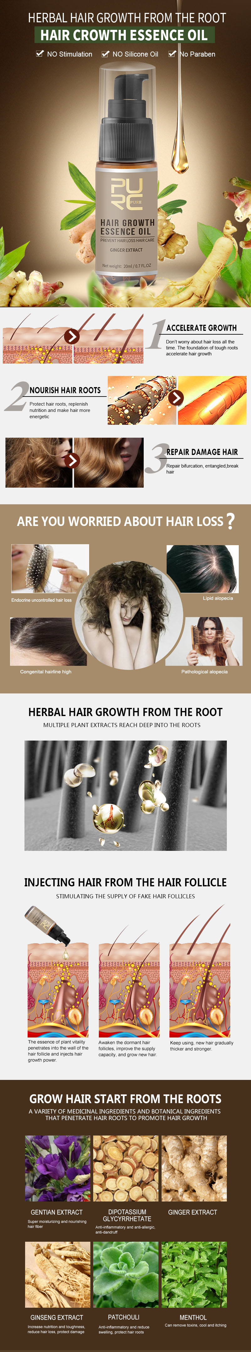 PURC Hot sale Fast Hair Growth Essence Oil Hair Loss Treatment Help for hair Growth Hair Care 20ml