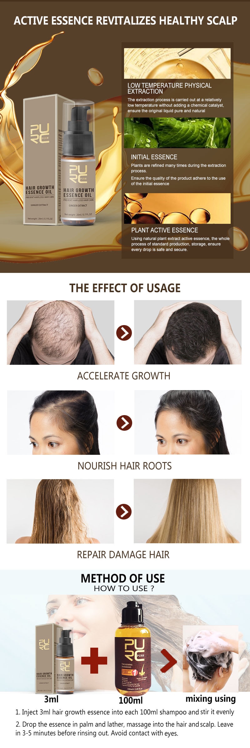 PURC Hot sale Fast Hair Growth Essence Oil Hair Loss Treatment Help for hair Growth Hair Care 20ml