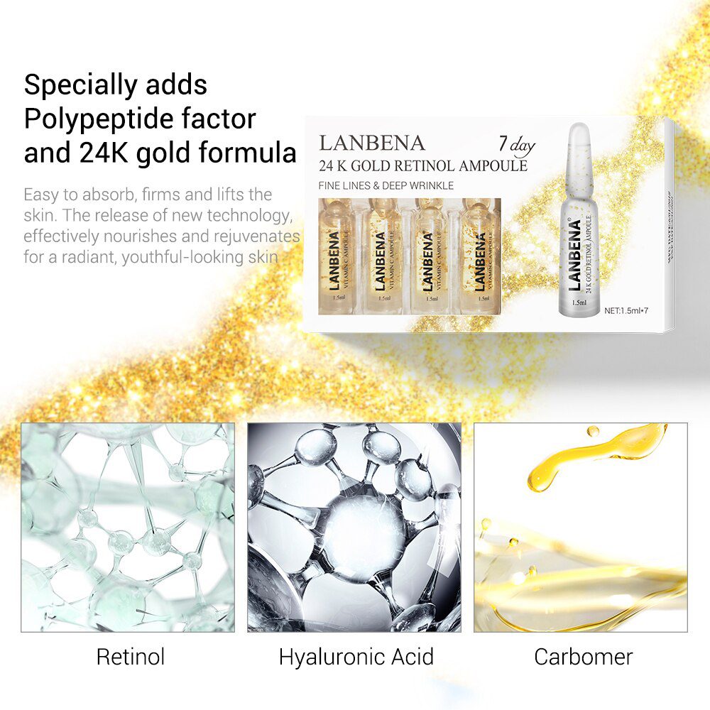 LANBENA Ampoule Serum Hyaluronic Acid+Vitamin C+24K Gold Retinol+Q10+Ceramide Anti-Aging Wrinkle Moisturizing Skin Care 7 Days