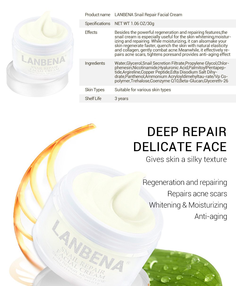 LANBENA Snail Repair Whitening Facial Cream Day Cream Anti Wrinkle Anti Aging Acne Treatment Moisturizing Firming Skin Care 30g