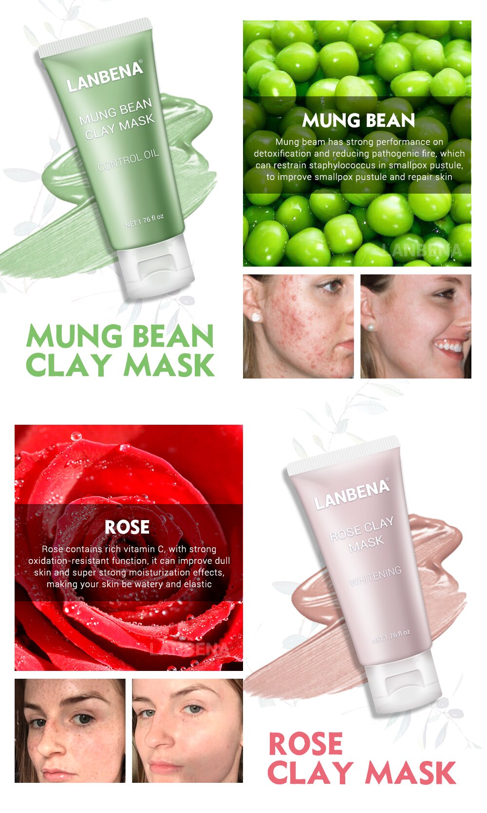 LANBENA Mung Bean Clay Face Mask+Bamboo Charcoal+Blueberry+Rose Deep Cleaning Remove Grease Shrinks Pores Nourishing Skin Care