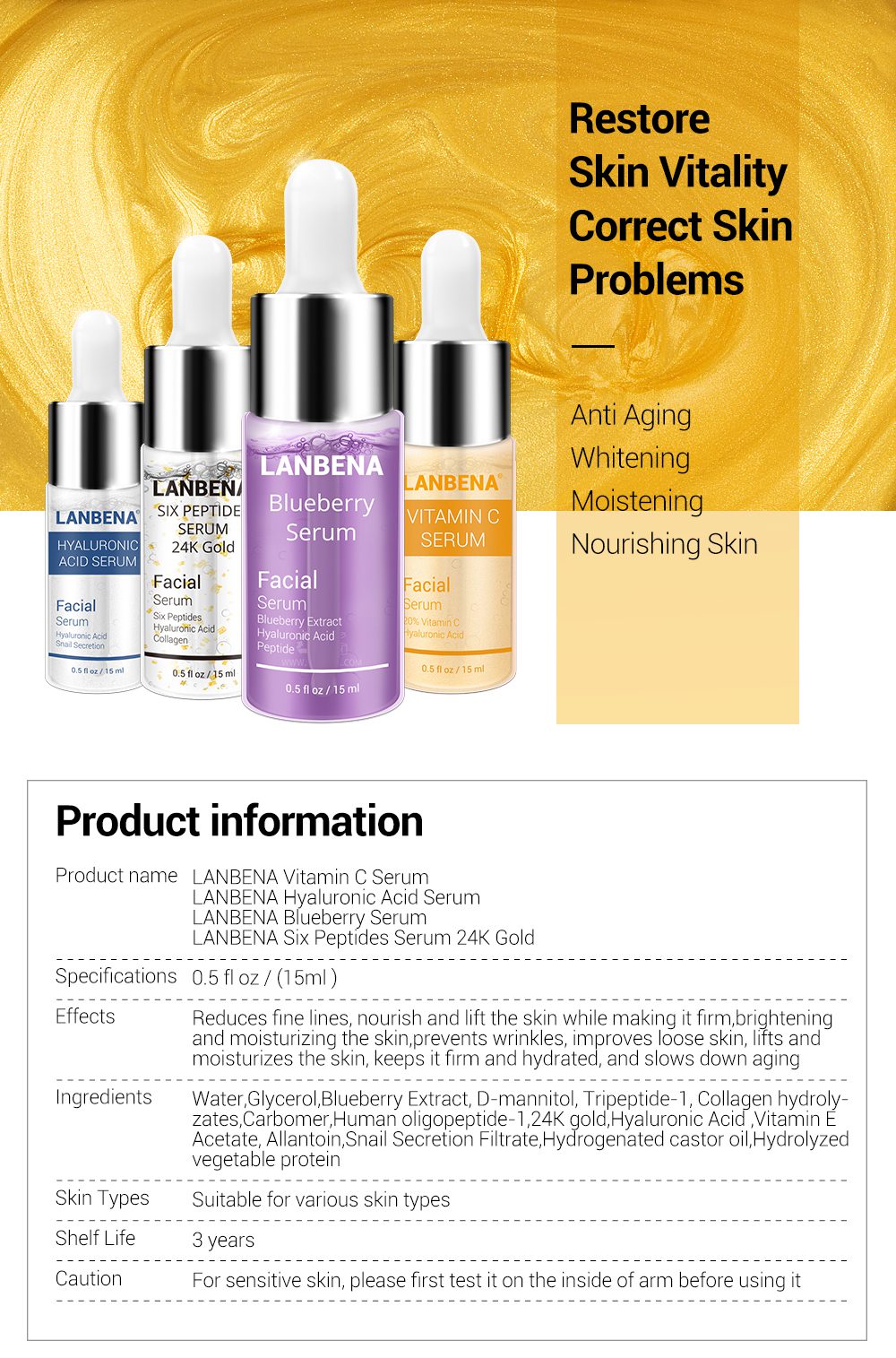 LANBENA Blueberry+hyaluronic Acid+vitamin C+24k Gold Six Peptides Serum Whitening Anti-aging Moisturizing Skin Care set (4pcs）