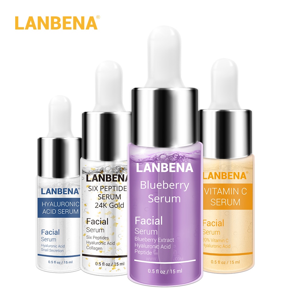 LANBENA Blueberry+hyaluronic Acid+vitamin C+24k Gold Six Peptides Serum Whitening Anti-aging Moisturizing Skin Care set (4pcs）