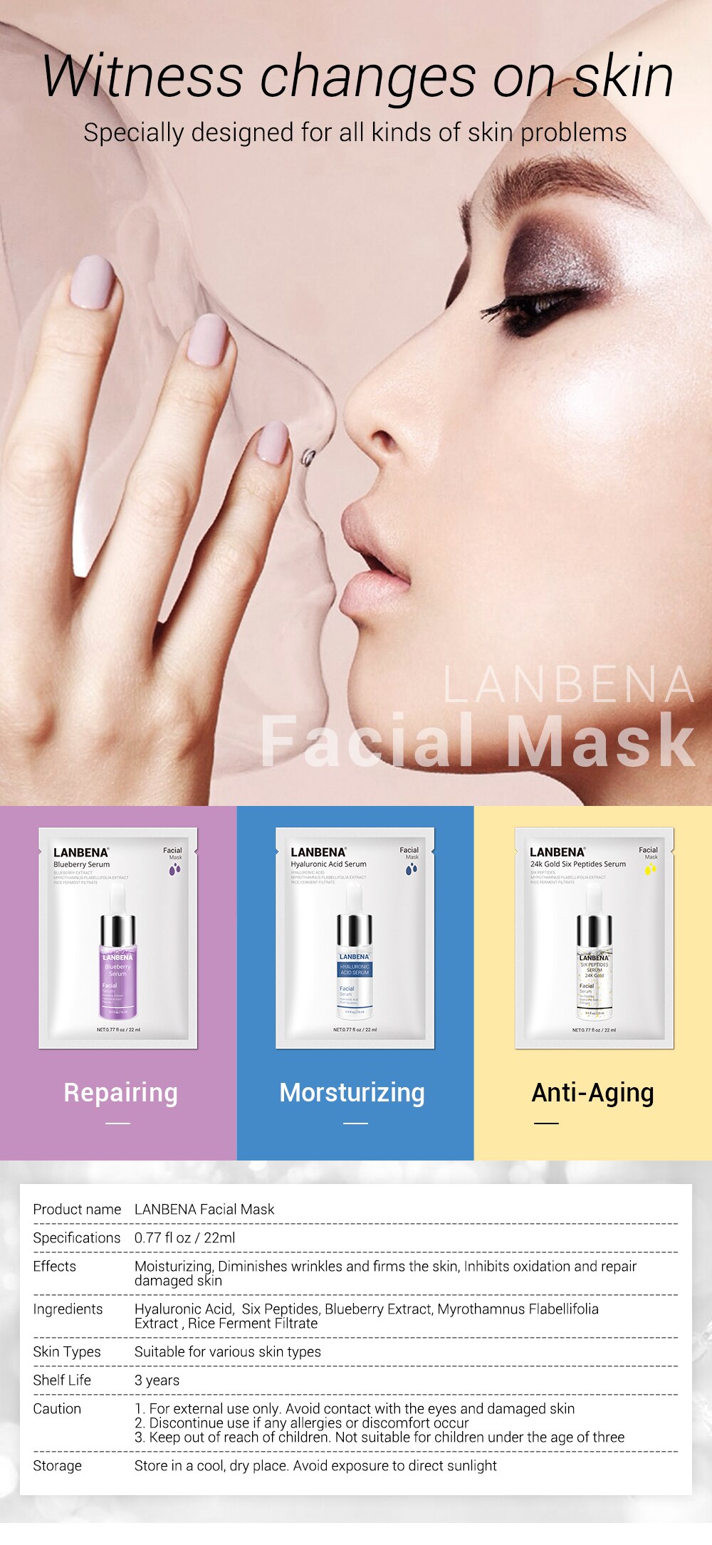 LANBENA Face Masks Hyaluronic Acid Vitamin C Serum Blueberry Sheet Mask Moisturize Whitening Anti-Aging Water-Locking Skin Care